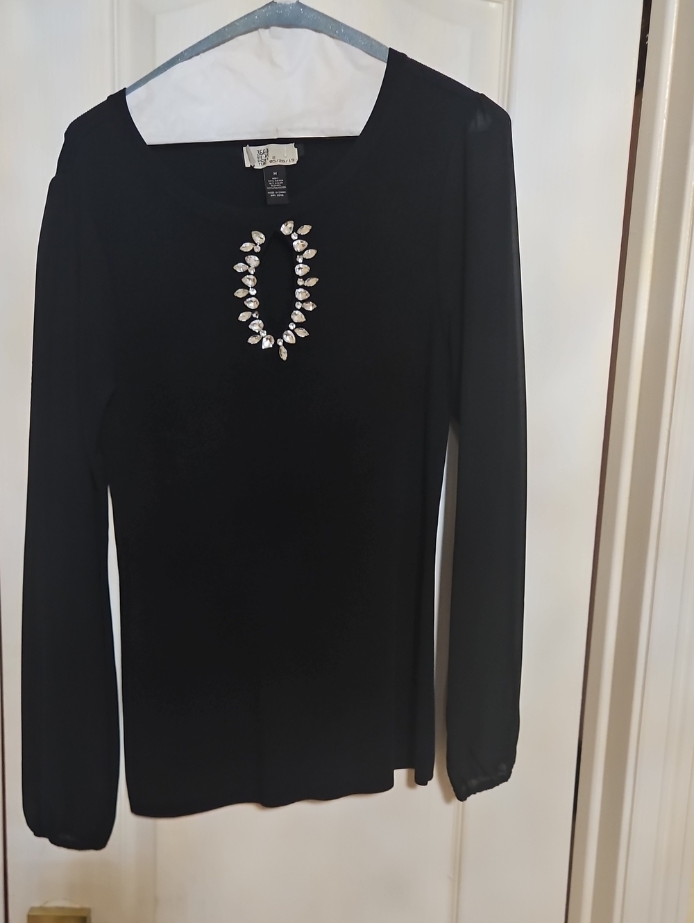 INC International Concepts Black Long-Sleeve Top with Jewel Accent
